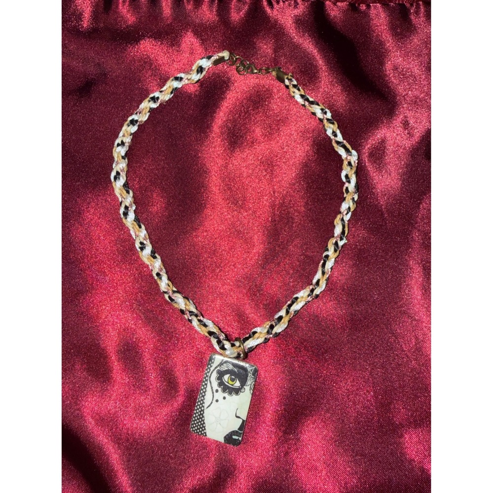 Artistic Eye Mahjong Tile Pendant Necklace Braided Cord Eclectic Jewelry
